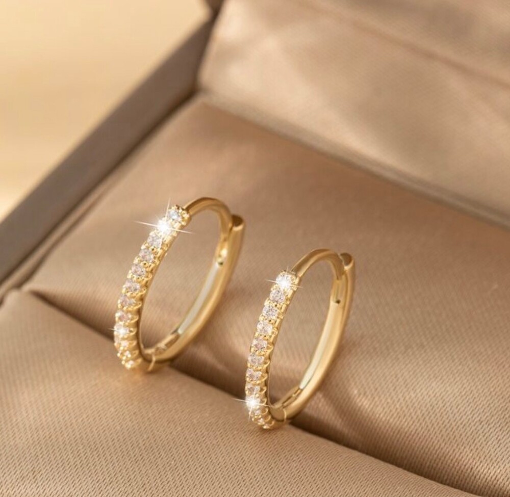 Gold Tone Crystal Huggie Hoop Earrings Small Sparkle New